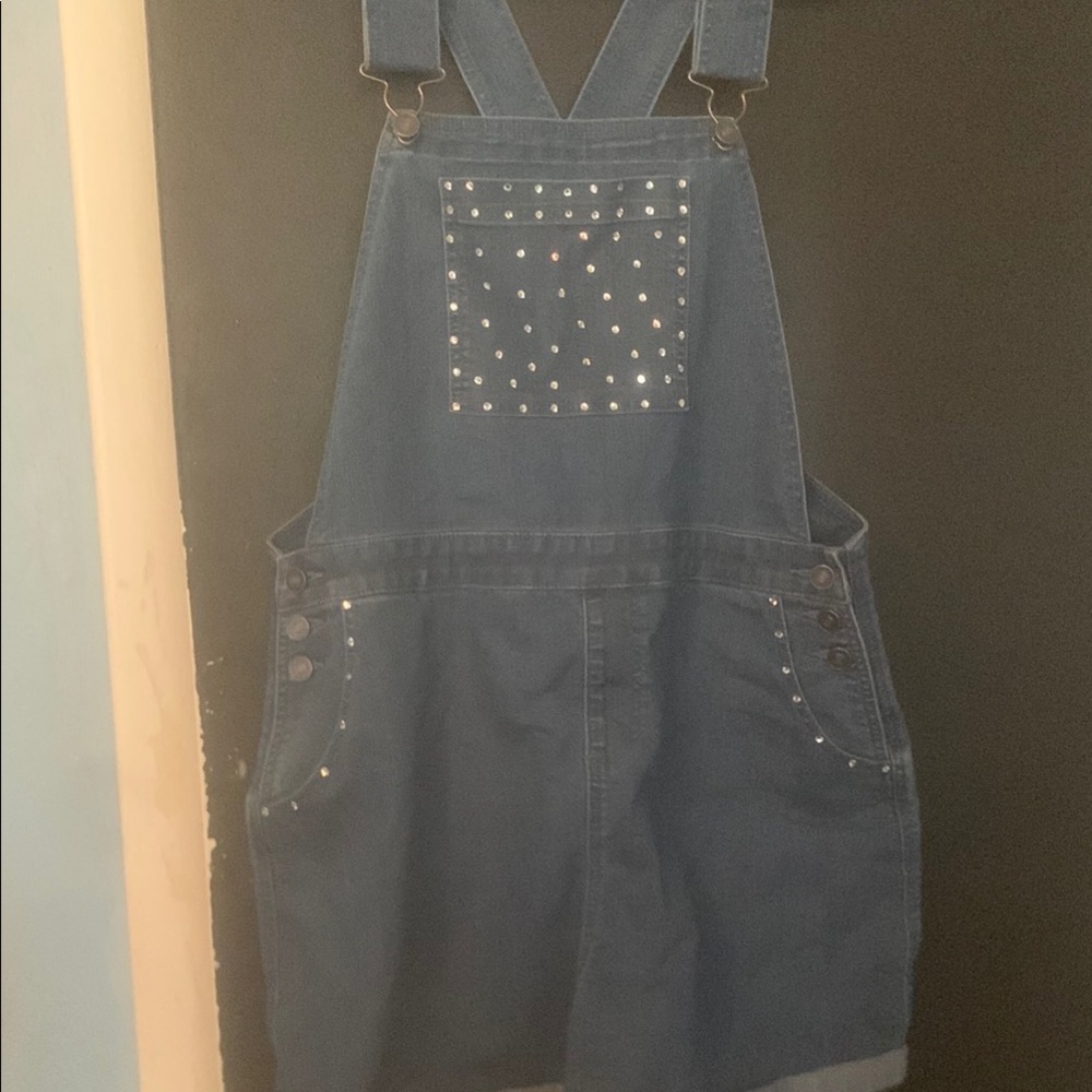 Blue Denim Overalls With Bedazzled Pockets